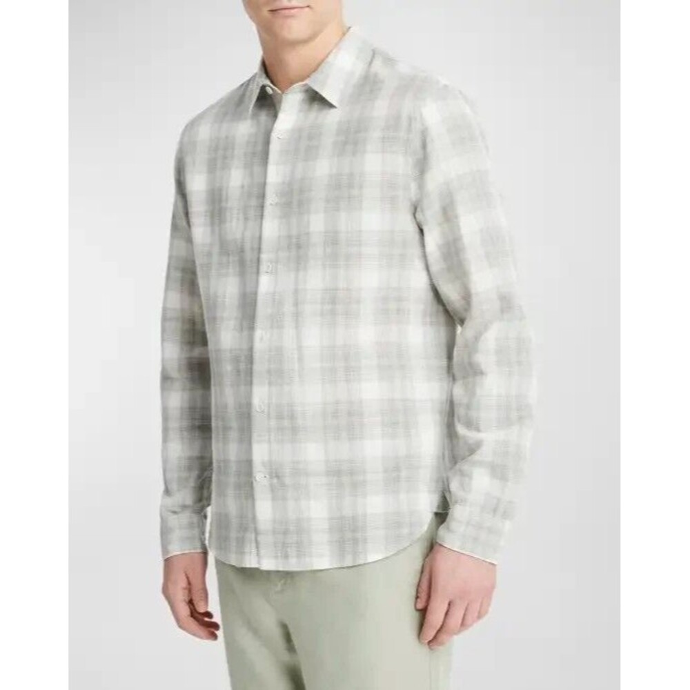 VINCE Mens Shirt Small Light Green Plaid Check Linen Blend Button Up SALTON $225